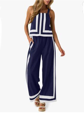 Navy White Colorblock 2 Piece Cami Wide Leg Pant Set | Women's Size Medium